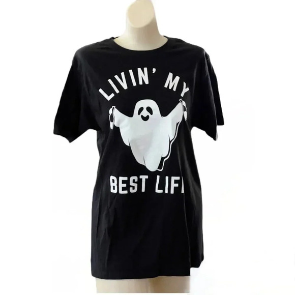 Fifth Sun, Ghost Graphic LIVIN' MY BEST LIFE Black Short Sleeve T-Shirt Size S/M - Picture 1 of 6